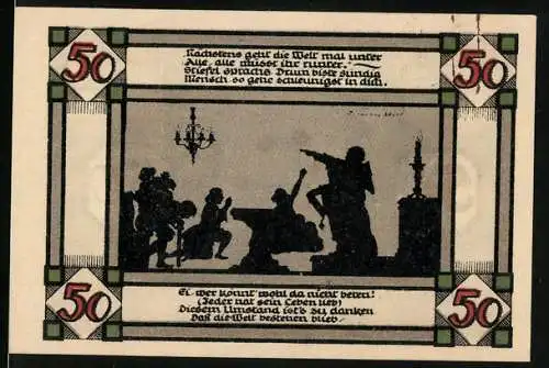 Notgeld Annaburg Bez. Halle 1921, 50 Pfennig, Betende Menschen im Zimmer, Stadtwappen