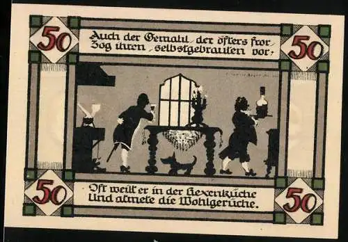 Notgeld Annaburg Bez. Halle 1921, 50 Pfennig, Männer mit Wein, Stadtwappen