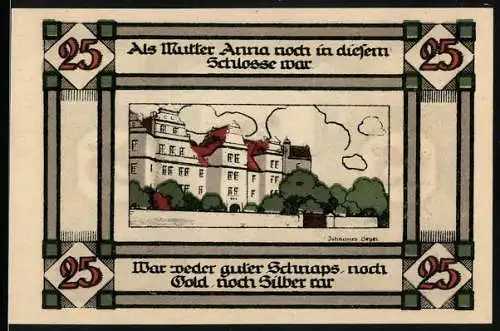Notgeld Annaburg Bez. Halle 1921, 25 Pfennig, Schloss von Mutter Anna, Stadtwappen