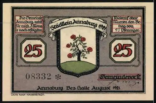 Notgeld Annaburg Bez. Halle 1921, 25 Pfennig, Der Wald als Damm um die Stadt, Stadtwappen