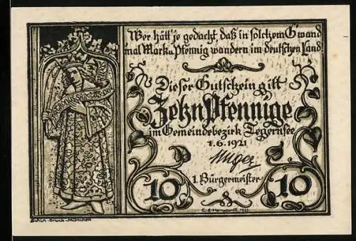 Notgeld Tegernsee 1921, 10 Pfennig, Geistlicher mit Krone, Ortsansicht