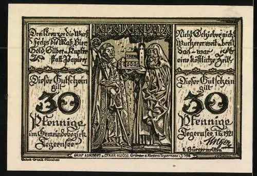 Notgeld Tegernsee 1921, 30 Pfennige, Kloster 1702, Graf Adalbert u. Otkar Huosi