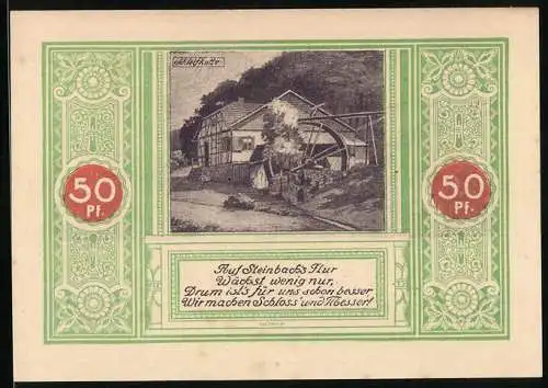 Notgeld Steinbach Krs. Meiningen, 50 Pfennig, Bäuerin mit Rechen und Ortschaft, Schleifkotte