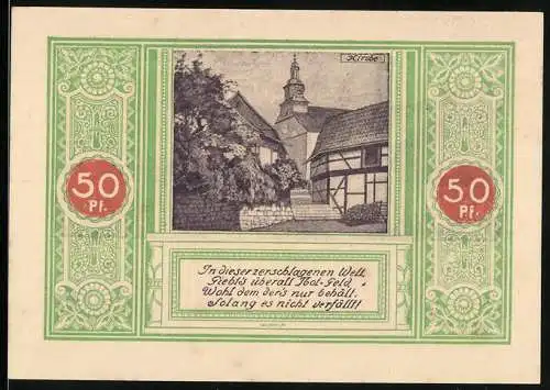 Notgeld Steinbach Krs. Meiningen, 50 Pfennig, Bäuerin mit Rechen und Ortschaft, Kirche