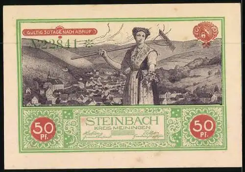 Notgeld Steinbach Krs. Meiningen, 50 Pfennig, Bäuerin mit Rechen und Ortschaft, Kirche