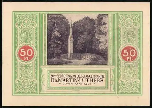 Notgeld Steinbach Krs. Meiningen, 50 Pfennig, Bäuerin mit Rechen und Ortschaft, Lutherdenkmal