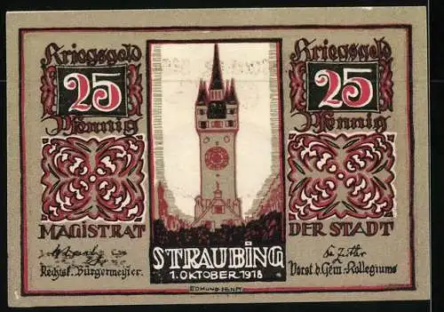 Notgeld Straubing 1918, 25 Pfennig, Stadtturm
