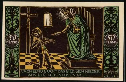 Notgeld Schw. Gmünd 1921, 50 Pfennig, Marienbild bückt sich nieder zum Geiger