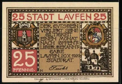 Notgeld Laufen 1920, 25 Pfennig, Stadtansicht und Wappen