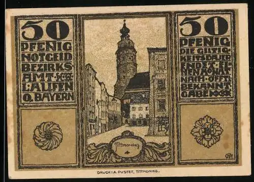 Notgeld Laufen /Oberbayern, 50 Pfennig, Tittmoning, Ortsansicht Laufen mit Wappen