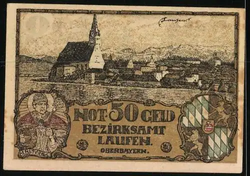 Notgeld Laufen /Oberbayern, 50 Pfennig, Tittmoning, Ortsansicht Laufen mit Wappen