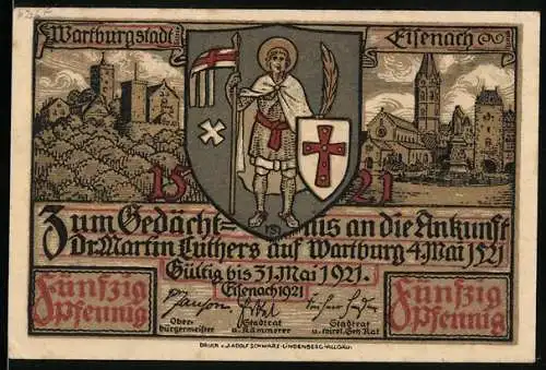 Notgeld Eisenach 1921, 50 Pfennig, Wartburg, Ortspartie und Wappen, historisch alte Stadt