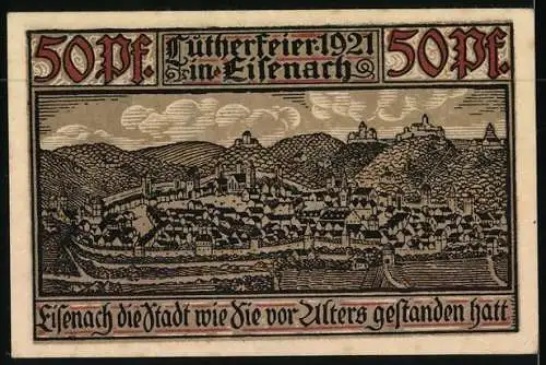 Notgeld Eisenach 1921, 50 Pfennig, Wartburg, Ortspartie und Wappen, historisch alte Stadt