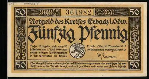 Notgeld Erbach i. Odw. 1918, 50 Pfennig, Sämann und Hamster am Getreide