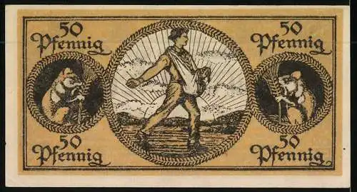 Notgeld Erbach i. Odw. 1918, 50 Pfennig, Sämann und Hamster am Getreide