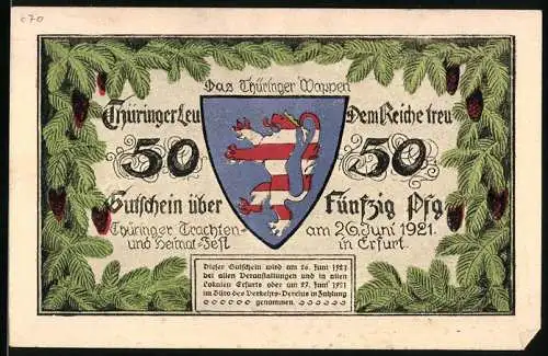 Notgeld Erfurt 1921, 50 Pfennig, Wappen, Frau in Tracht am Spinnrad