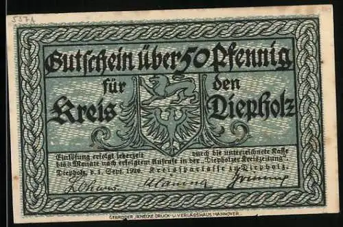 Notgeld Diepholz 1920, 50 Pfennig, Wappen und Schloss