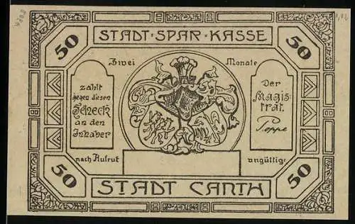 Notgeld Canth, 50 Pfennig, Wappen, Gasthaus wo Marschall Vorwärts einkehrte