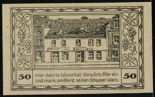 Notgeld Canth, 50 Pfennig, Wappen, Gasthaus wo Marschall Vorwärts einkehrte