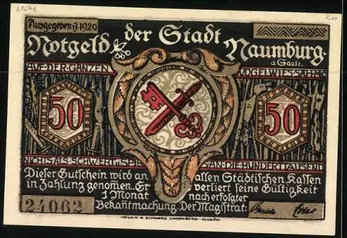 Notgeld Naumburg a. Saale 1920, 50 Pfennig, Kirschen für den Kleinen, Wappen