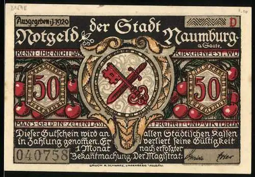 Notgeld Naumburg 1920, 50 Pfennig, Wappen, Leidende Frauen und ein Geistlicher