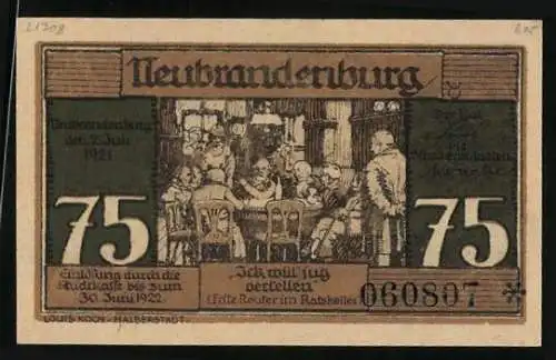 Notgeld Neubrandenburg 1922, 75 Pfennig, Fritz Reuter im Ratskeller, Junge beim Schmied