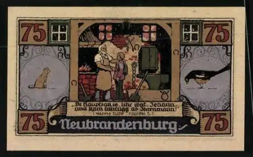 Notgeld Neubrandenburg 1922, 75 Pfennig, Fritz Reuter im Ratskeller, Junge beim Schmied