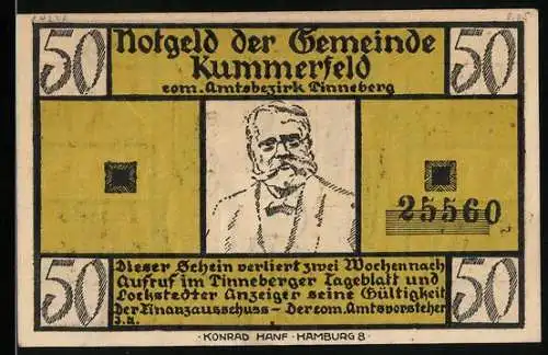 Notgeld Kummerfeld, 50 Pfennig, Portrait des Bürgermeisters, Gedicht De Wett