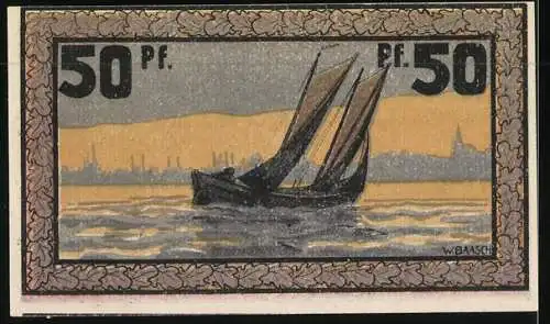 Notgeld Eckernförde 50 Pfennig, Wappen, Segelboot auf dem Meer