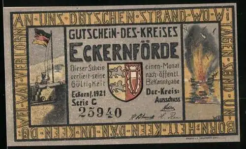 Notgeld Eckernförde 1 Mark, Wappen, Segelschiffe auf dem Meer