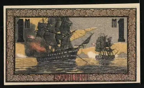 Notgeld Eckernförde 1 Mark, Wappen, Segelschiffe auf dem Meer