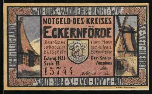 Notgeld Eckernförde 1921, 50 Pfennig, Felsformation an der Küste, Windmühle, Wappen