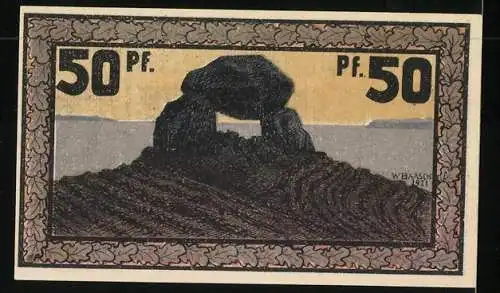 Notgeld Eckernförde 1921, 50 Pfennig, Felsformation an der Küste, Windmühle, Wappen