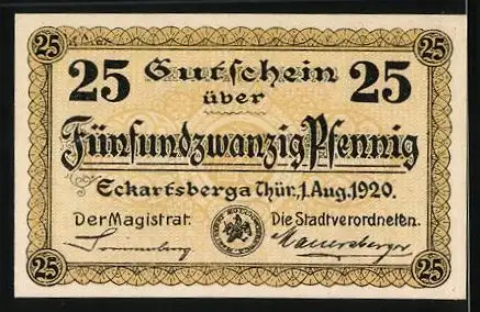 Notgeld Eckartsberga in Thür. 1920, 25 Pfennig, Blick zur Eckartsburg