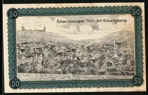 Notgeld Eckartsberga in Thür. 1920, 50 Pfennig, Ortsansicht mit Eckartsburg