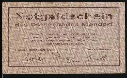 Notgeld Niendorf /Ostsee 1921, 50 Pfennig, Blick zum Strand
