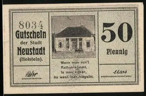 Notgeld Neustadt (Holstein), 50 Pfennig, Rathaus, Blick in den Hafen