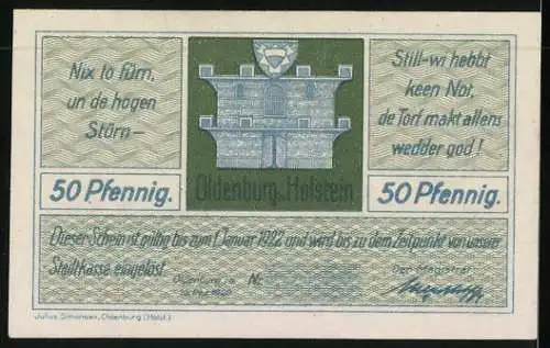 Notgeld Oldenburg in Holstein 1922, 50 Pfennig, Torfwerk und Wappen