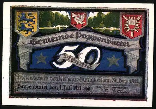 Notgeld Poppenbüttel 1921, 50 Pfennig, Wappen und Dorfteich