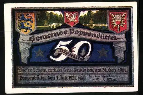Notgeld Poppenbüttel 1921, 50 Pfennig, Wappen und Hellenburger Schleuse