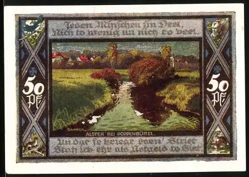 Notgeld Poppenbüttel 1921, 50 Pfennig, Wappen und Alster