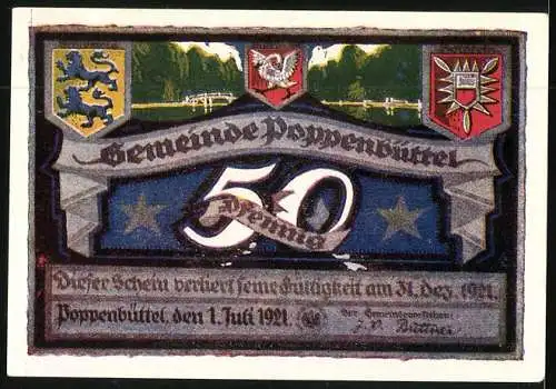 Notgeld Poppenbüttel 1921, 50 Pfennig, Wappen und Alster