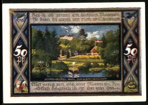Notgeld Poppenbüttel 1921, 50 Pfennig, Wappen und Park, zur Alster.Schlucht