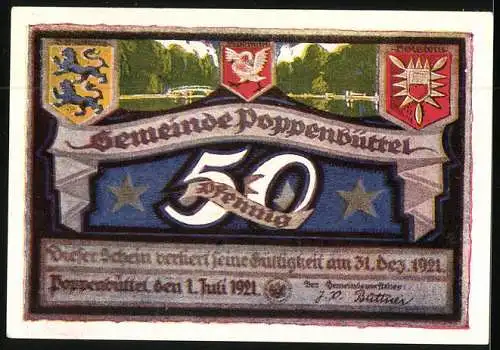 Notgeld Poppenbüttel 1921, 50 Pfennig, Wappen und Park, zur Alster.Schlucht