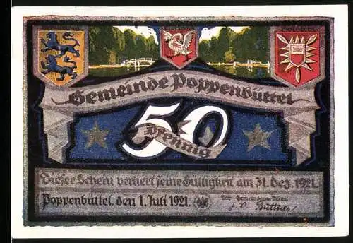 Notgeld Poppenbüttel 1921, 50 Pfennig, Wappen und Ortsansicht vor ca. 100 Jahren