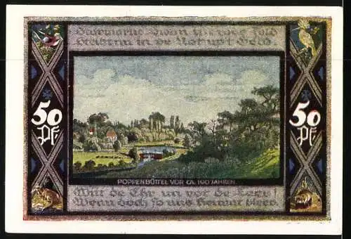 Notgeld Poppenbüttel 1921, 50 Pfennig, Wappen und Ortsansicht vor ca. 100 Jahren