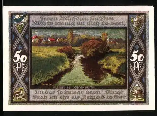 Notgeld Poppenbüttel 1921, 50 Pfennig, Wappen und Blick zur Alster