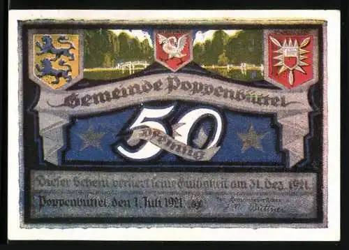 Notgeld Poppenbüttel 1921, 50 Pfennig, Partie im Park, Wappen