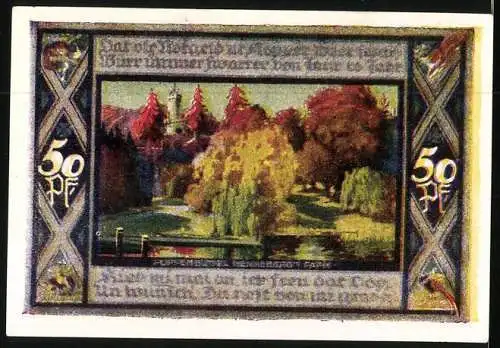 Notgeld Poppenbüttel 1921, 50 Pfennig, Partie im Park, Wappen