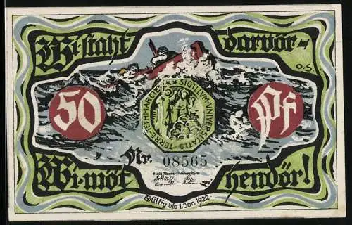 Notgeld Marne 1922, 50 Pfennig, Boot auf stürmischer See, Bauern auf dem Feld